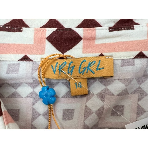 VRG GRL Button Up Shirt/Tunic Cotton Brown Pink Diamond Print Long Sleeve SZ 14 - Picture 8 of 14